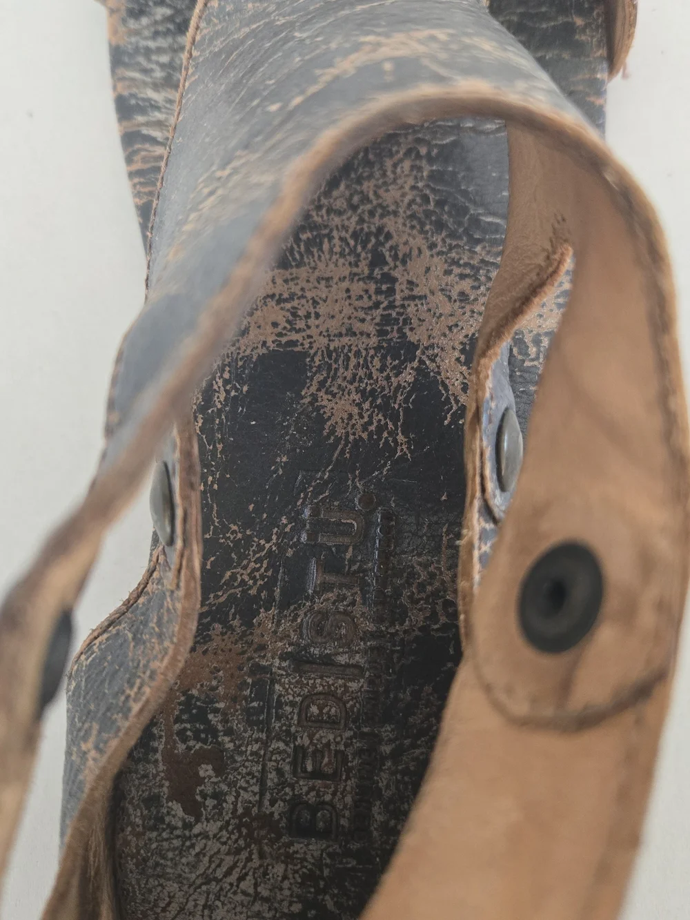BED|STU Distressed Two-Tone Black & Tan Leather Cutout Sandals